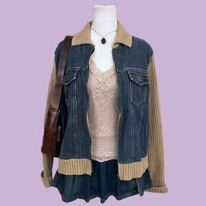blue denim beige ribbed knit y2k zip up jacket downtown it girl elevated basic